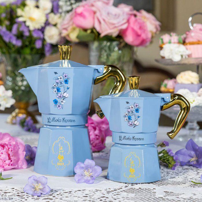 Caffettiera italiana - BIALETTI - Moka express - Collezione Bridgerton - 3 tazze - 130 ml - Blu / Fiori