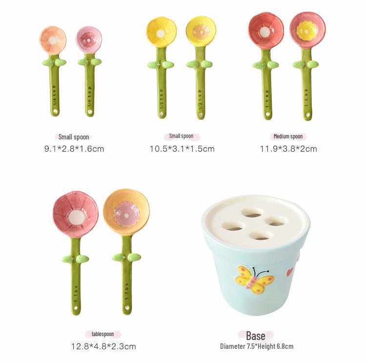 Ceramic Petal Measuring Spoon Set with Base - Floral Design for Kitchen Use