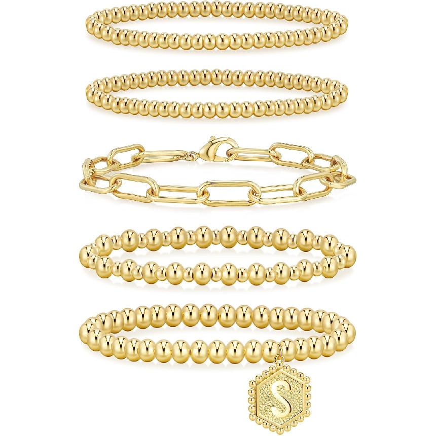 adoyi Gold Bracelets for Women Waterproof, 14K Gold Plated Beaded Strand Bead Ball Bracelets stack Adjustable Jewelry Set for Gifts