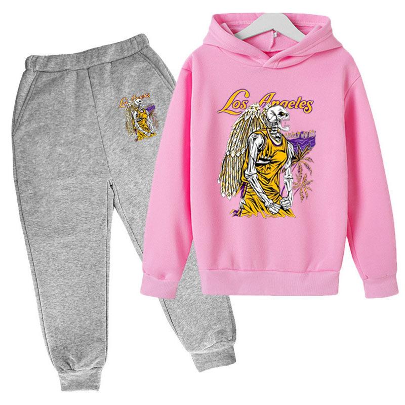 Autumn Winter Los Angeles Lakers "City of Angels" Skeleton Printed Hoodies Sweatpants Set Casual Warm Sports Long Sleeved Pants Men's Sport Wear