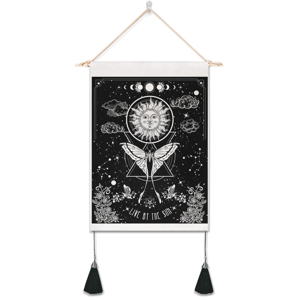 Tapiz de sol y luna para colgar en la pared, tapiz de pared ondulado, tapices psicodélicos bohemios, tapiz blanco y negro, decoración del hogar para habitación
