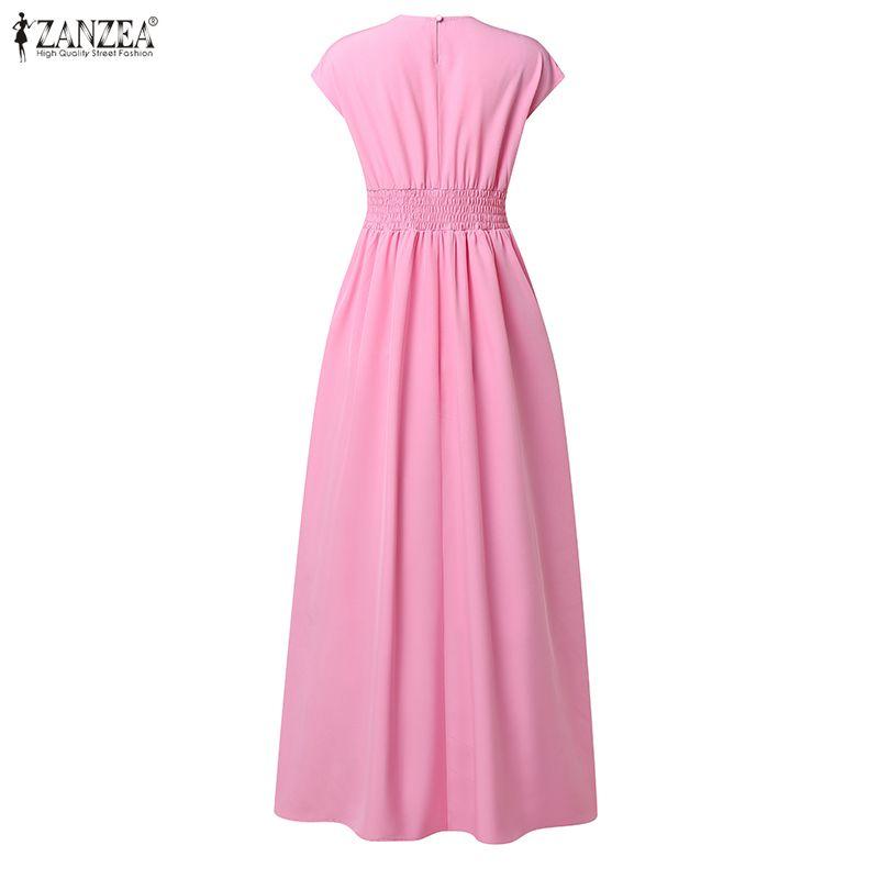 ZANZEA Women Casual Round Neck Summer Short Sleeve Long Dress