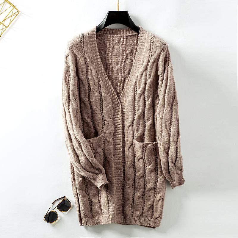 Podzim Zima Vintage Volný Top s Dlouhým Rukávem Jednobarevný Cardigan Svetr S výstřihem do V