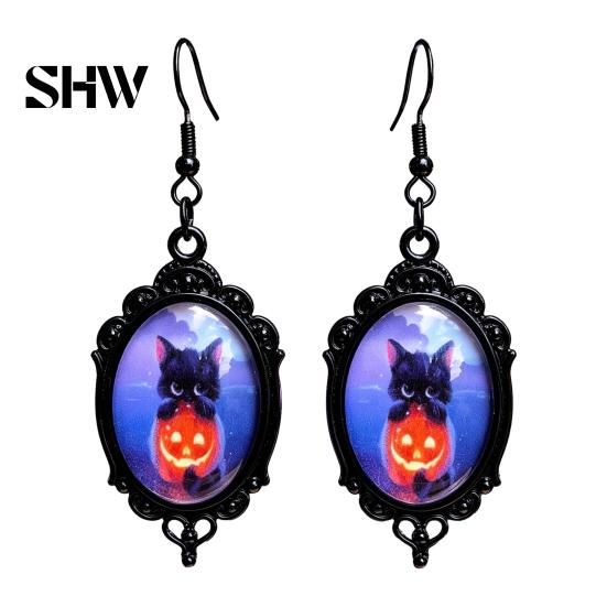 Versatile Dark Style Daily Wear Accessories 1 Pair Halloween Gothic Black Cat Earrings for Women, Vintage Jewelry with Skull Bat Patterns Punk Dangle