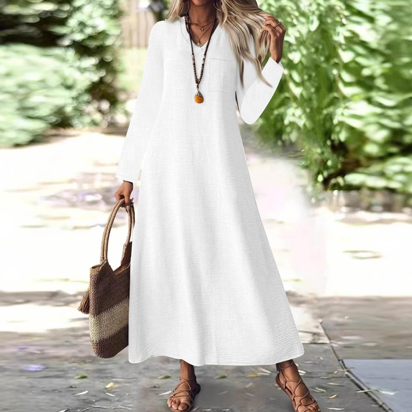 

Женская мода V-образный вырез длинный рукав карман однотонный молния повседневный отпуск длинные хлопково-льняные платья белый