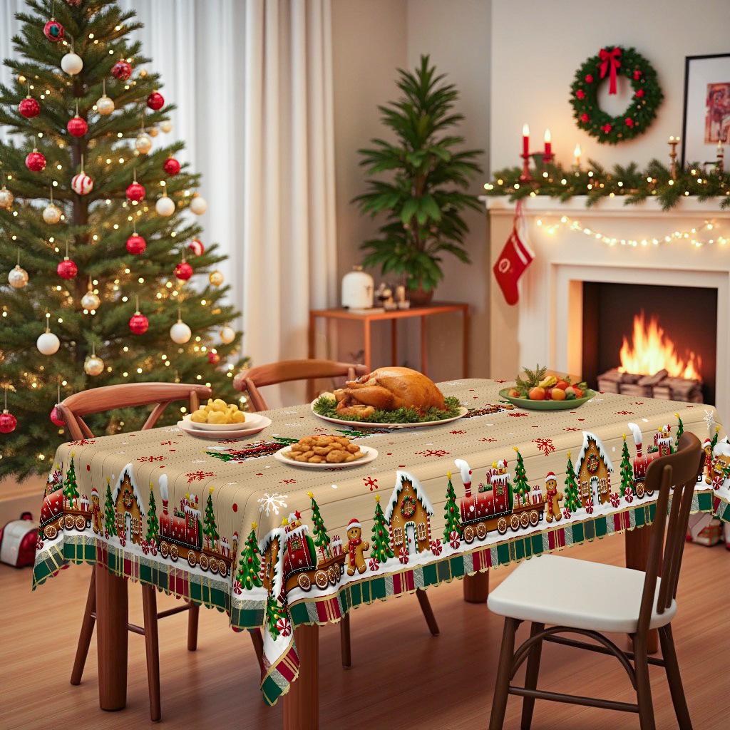 Christmas Tablecloth Cartoon Train Snow Polyester Waterproof And Oil-Proof Hot-Selling Holiday Table Cloth