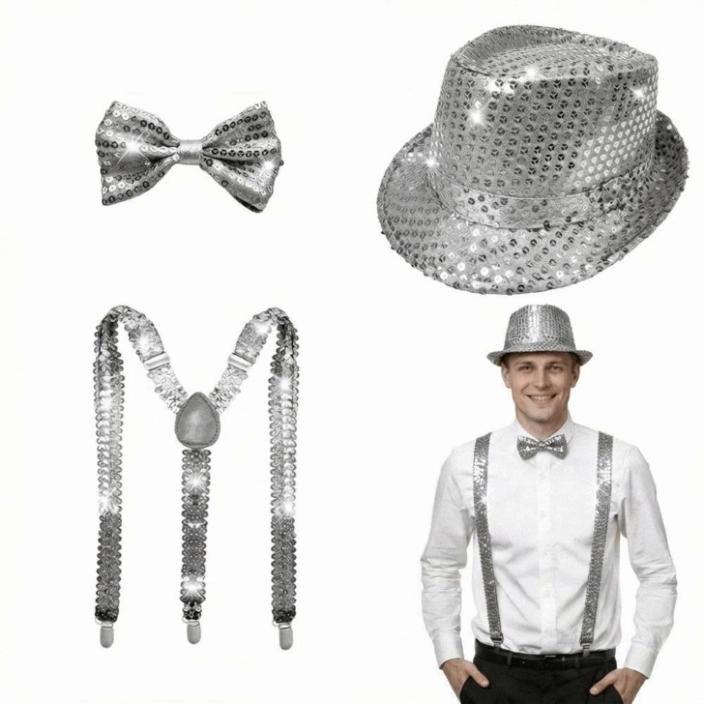 Performance Sequined Hat Solid Color Suspenders Fashion Performance Props Set  Christmas