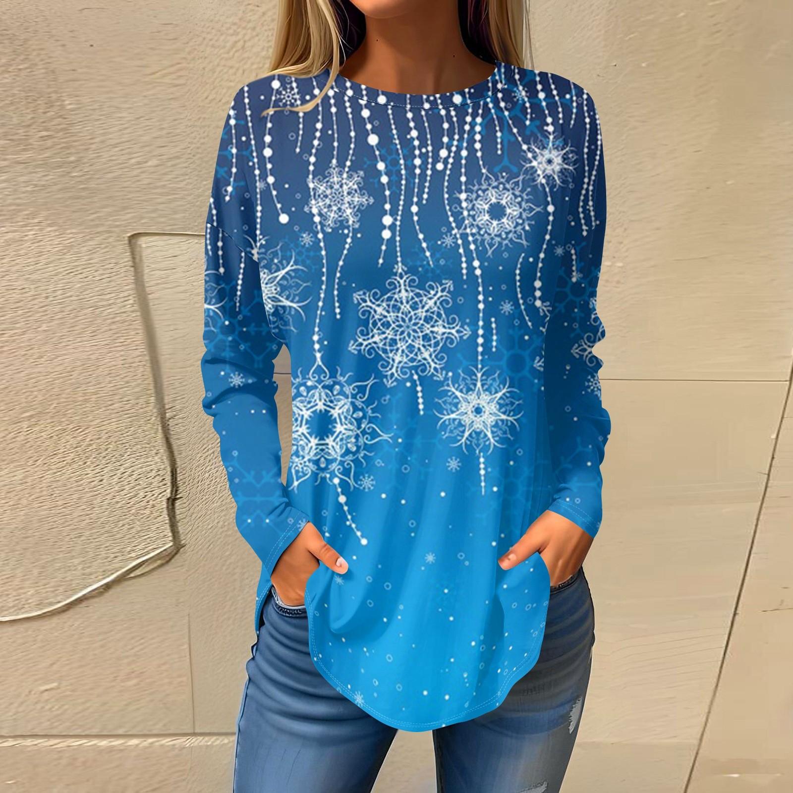 Футболки для женщин, осенние повседневные рубашки с длинным рукавом, толстовки с винтажным графическим принтом, топы, пуловеры, рождественские L синий