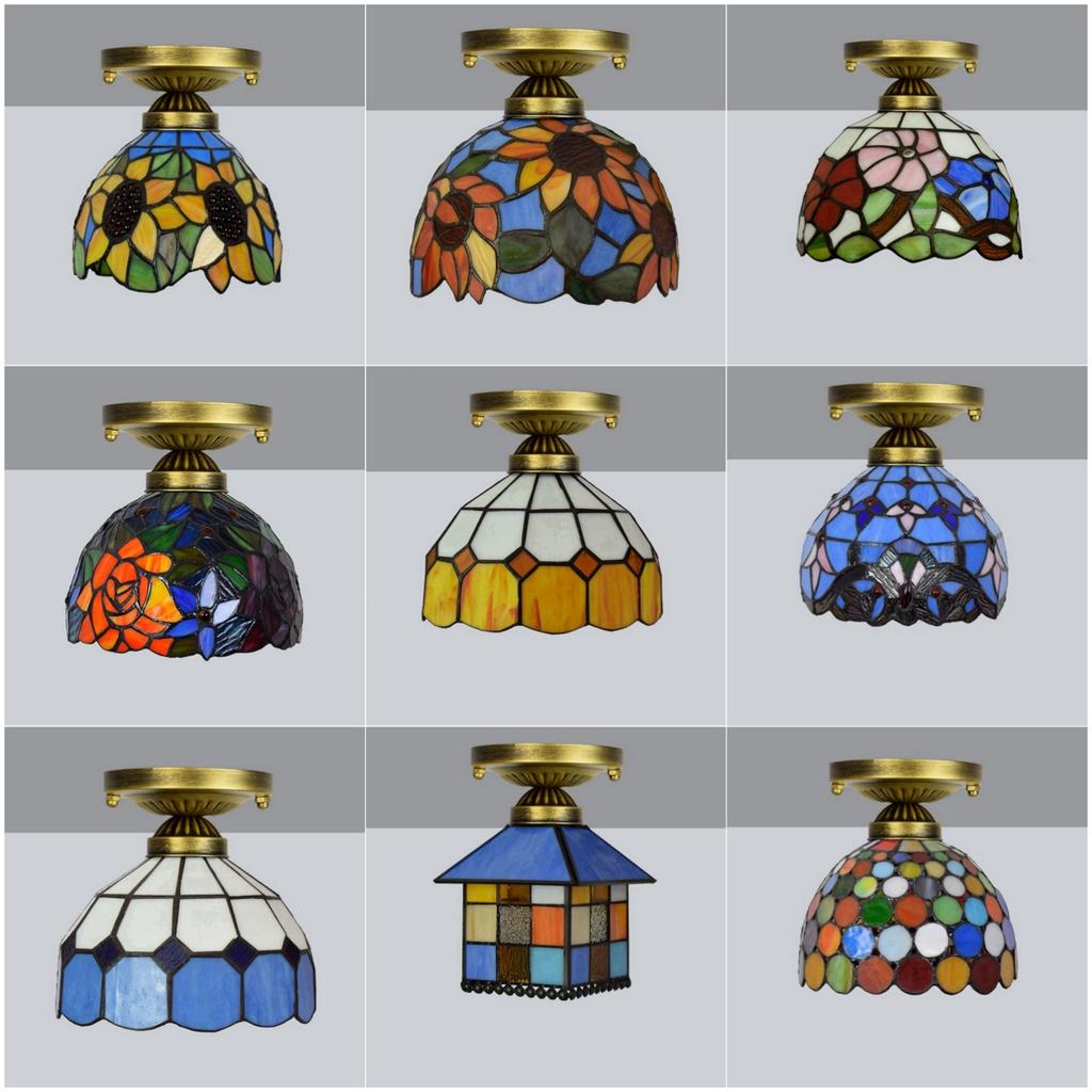 European Stained Glass Ceiling Light - Handcrafted Floral Rose Mosaic, Antique 8Inch Wide Flush Mount for Dining Room/Library