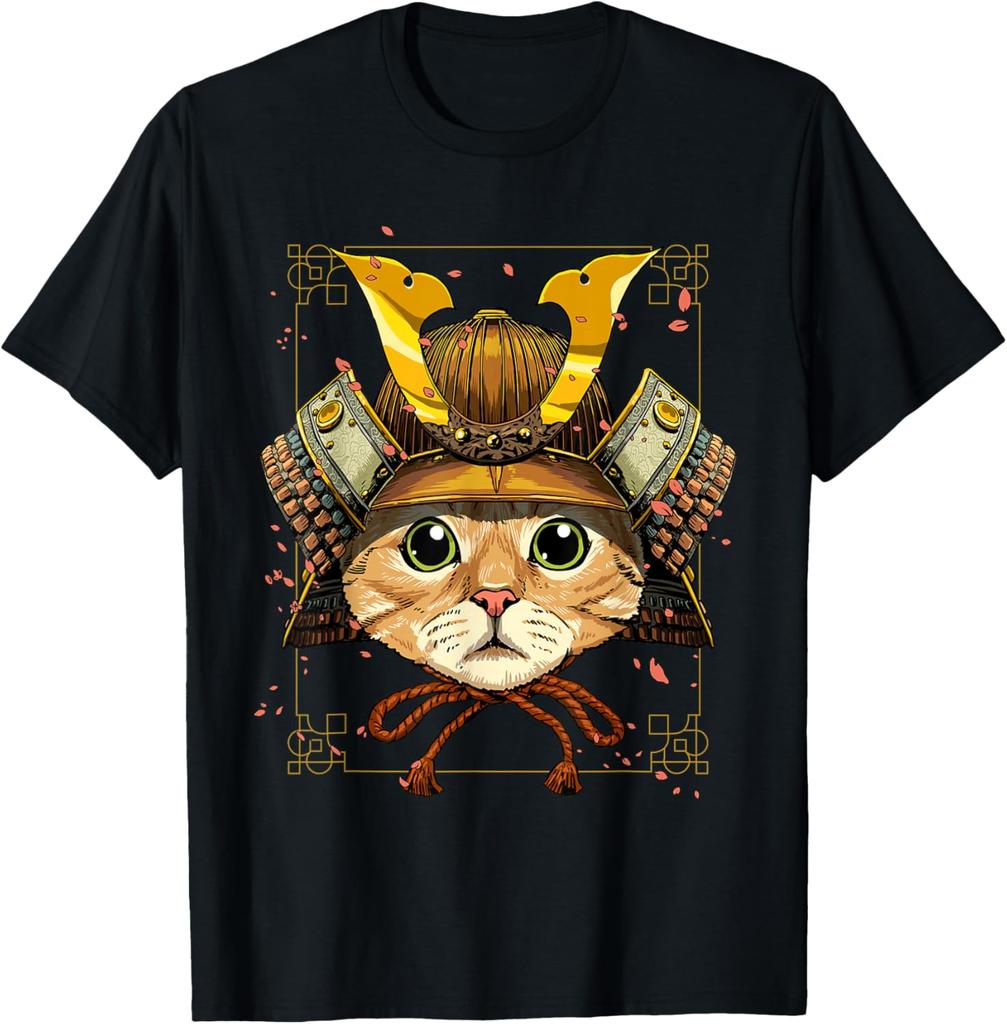 Samurai Cat Warrior Japanese Ronin Graphic Tee Breathable Casual Cotton T-Shirt for Men