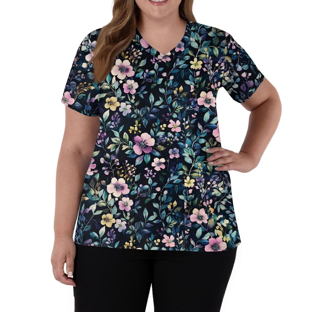 Damenmode V-Ausschnitt Kurzarm Overalls mit Taschen Print Tops Kleidung