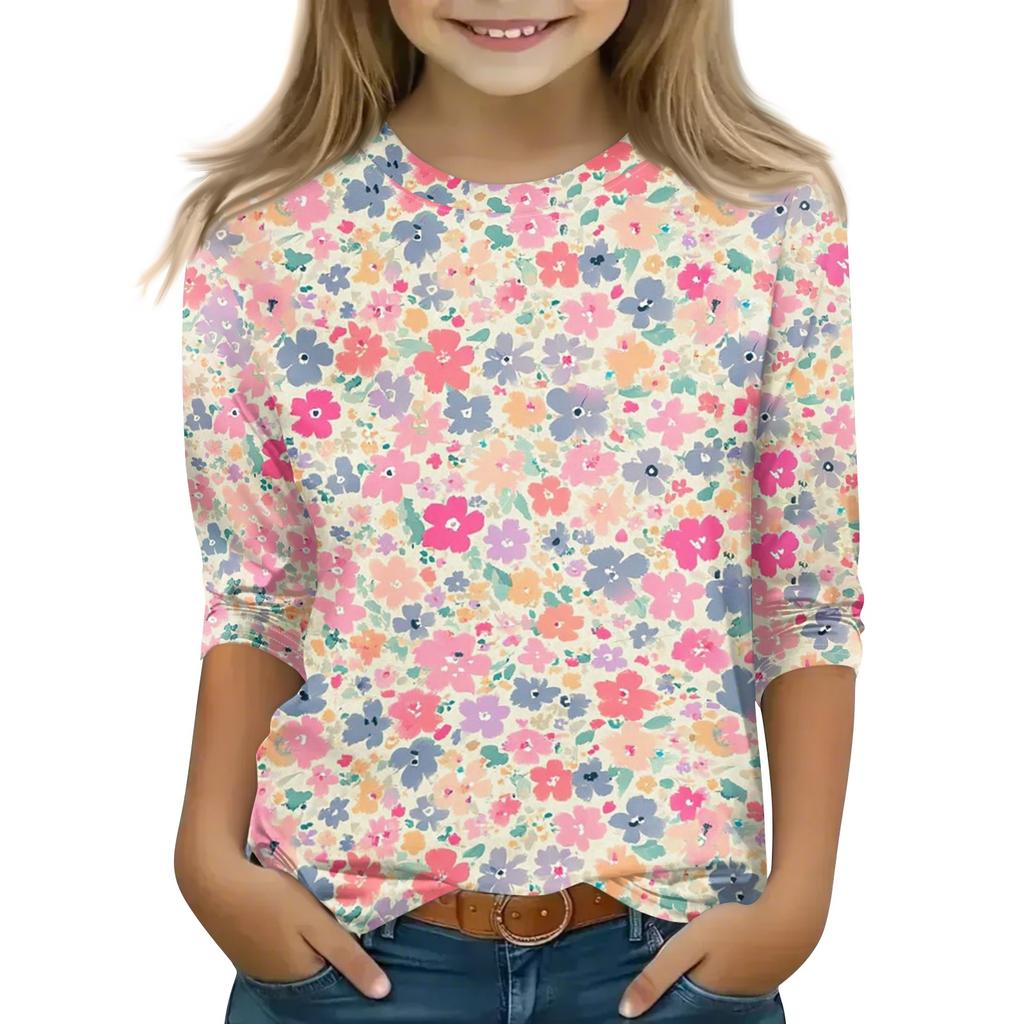 Kid's Round Neck Cute Flower Day Print Lightweight Spring/Summer Top