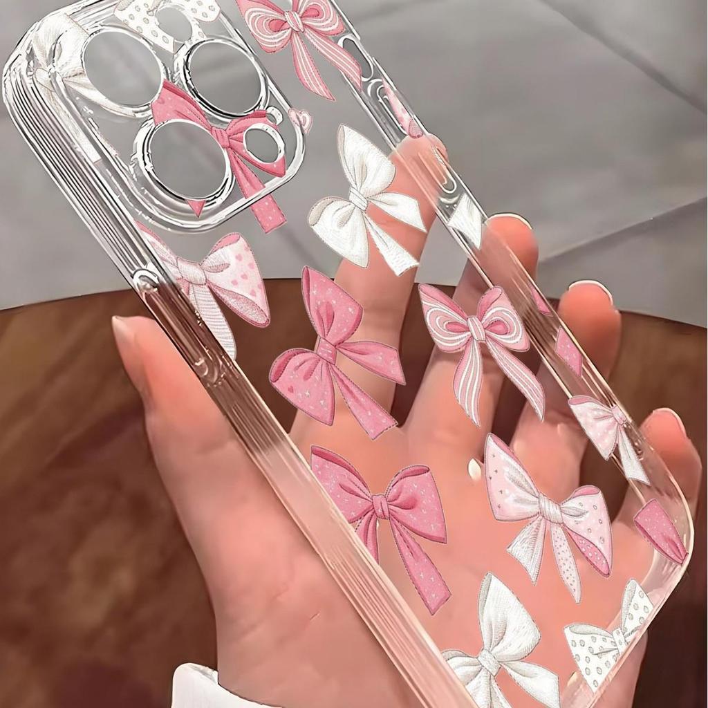 Pink & White Bow Transparent Anti-Fall Case for iPhone 14/15/16/17 Series Pro Max