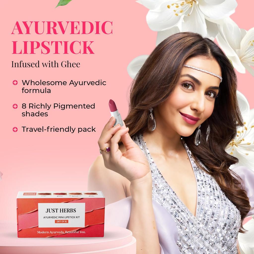 Just Herbs Ayurvedic Lipstick Micro-mini Kit | Kit of 8 Matte Lipsticks | Long-lasting | Weightless | Ayurvedic Formula | Travel-friendly - 9.6g
