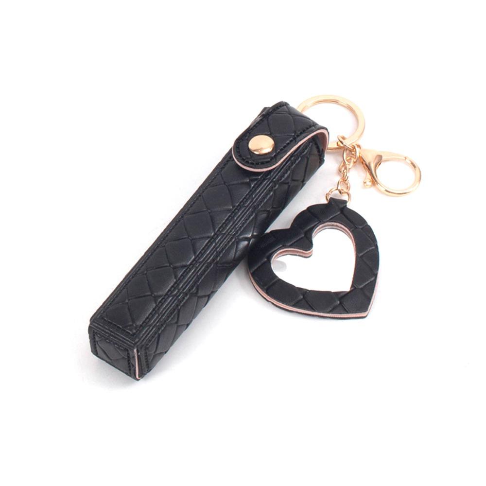 Portable Mini Lipstick Bag Keychain Keychain Design PU Leather Lipsticks Protective Cover with Heart-shaped Mirror чёрный