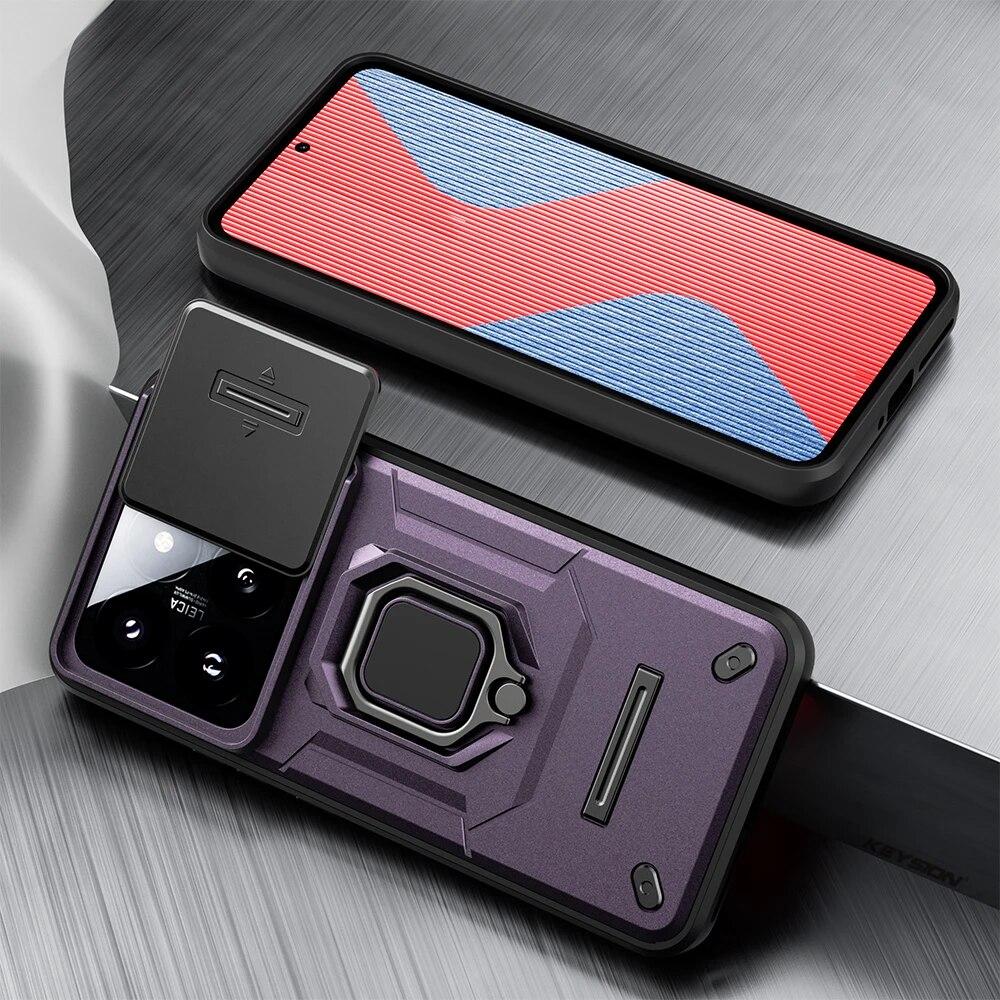 

Противоударный защитный чехол KEYSION для Xiaomi 14 Pro 5G, силиконовый + ПК, защитное кольцо для объектива камеры с кольцом-подставкой, чехол для телефона для Xiaomi 14 for Xiaomi 14 фиолетовый