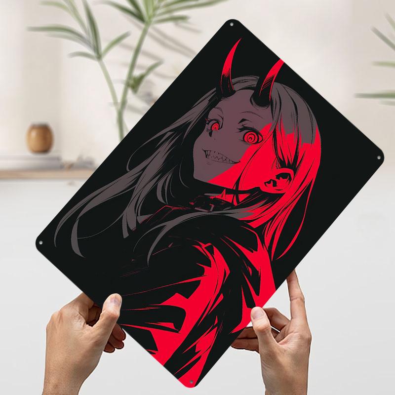 Anime Girl With Horns and Red Eyes Metal Poster Customized Wall Art Retro Vintage Tinplate Signs for Setup Decorations Man Cave