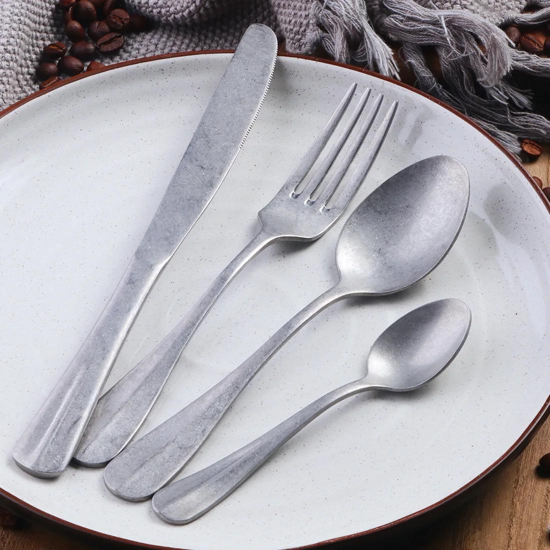 

Matte Black Vintage Dinnerware Stainless Steel Knife Fork Spoon Cutlery Set Luxury Silverware Tableware Western Kitchen Flatware срібний