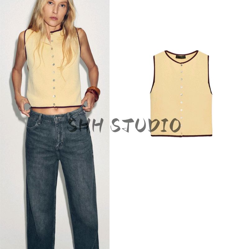 Autumn New Women's Clothing Fashion Color Contrast Curling Patchwork Decorative Layer round Neck Sleeveless Knitting Tops 5802030