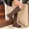 Versatile Simple Knight Boots Women's 2025 Autumn and Winter New Models But Knee Boots Round Head Middle Heel Martin Boots Genuine Leather Women's B