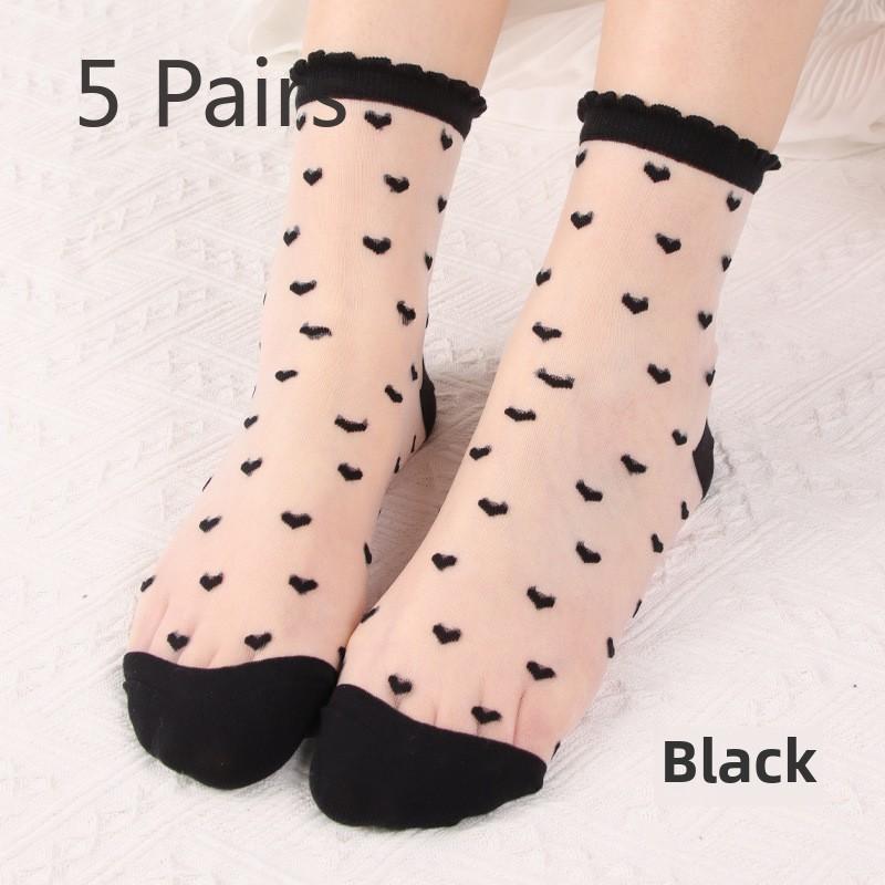 5 Pairs Socks Women Spring and Summer Thin Fashion Thin Crystal Silk Tube Women's Socks Cool Transparent Love Glass Stockings