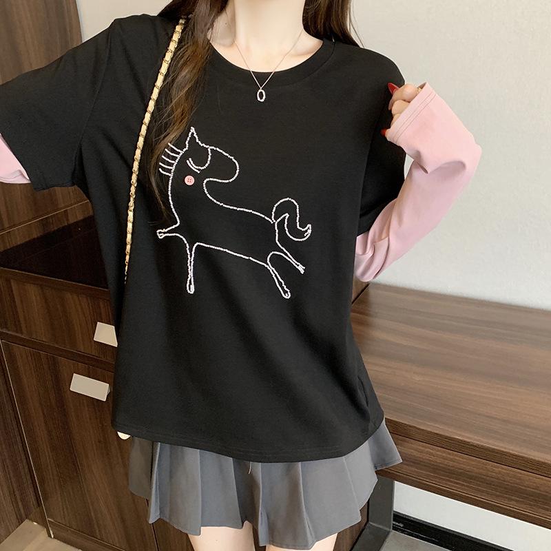 

Korean Style Plus Size Color Block Embroidered Little Horse Two-Piece Long Sleeve Top (2026 Early Spring Collection) 2XL