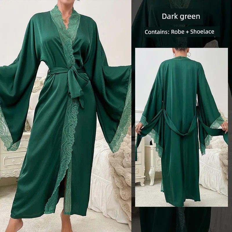 

2025 New Arrival Fashion Style Satin Plus Size Pajamas Exquisite Lace Long Sleeves Sexy Nightgown Bathrobe Home Wear for Women Dark green M
