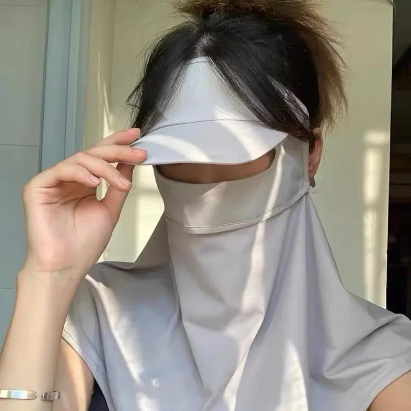 Ice Silk Sunscreen Hats Mask Women Men Summer Breathable Outdoor Sports Hat-brim Thin Traceless Facemask UV Protection Caps