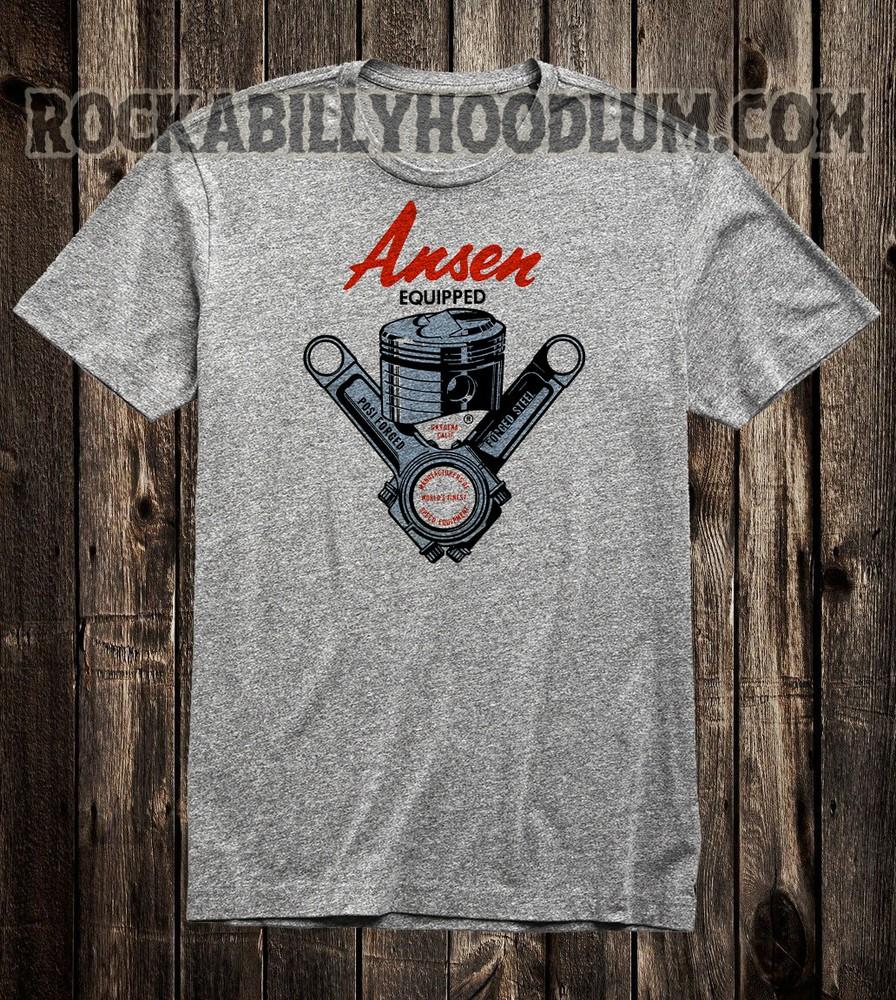 

Retro Hot Rod Tee T Shirt Drag Race Speed Shop Ansen Equipped Pistons S