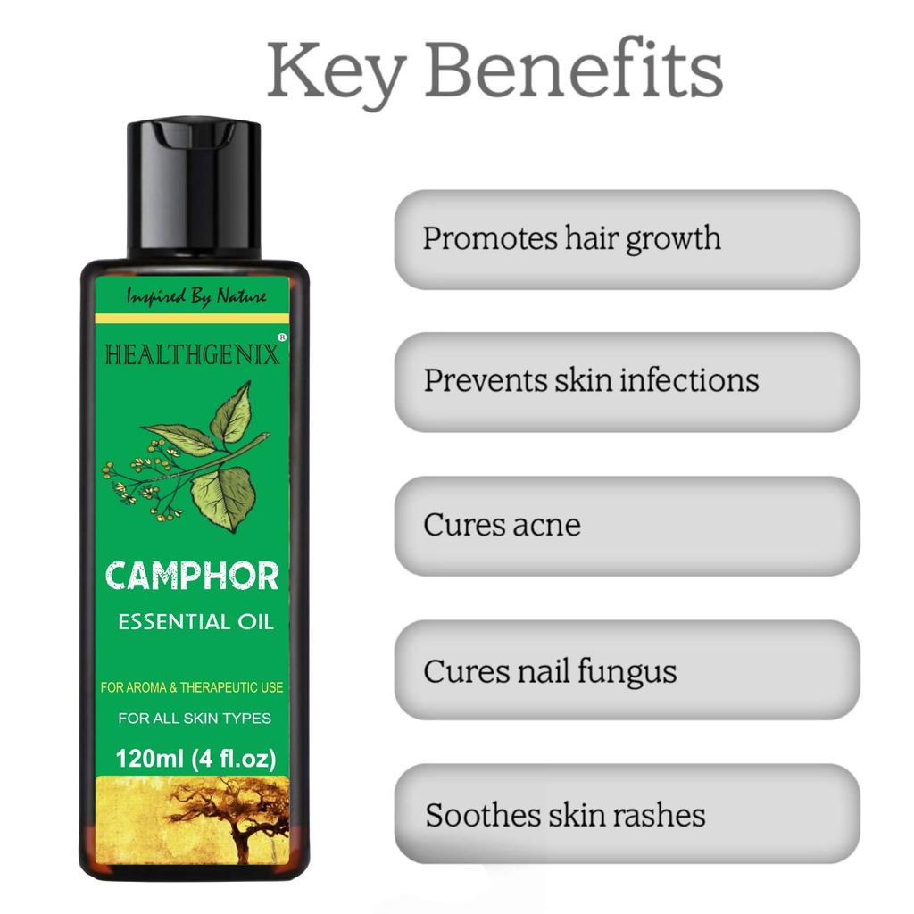 HEALTHGENIX Camphor Essential Oil - 120ml | Free Rose Water - 60ml | Camphor Oil For Strengthens Hair Roots, Skin Itching, Soothes Burns & Diffuser |