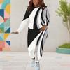 Women Plus Size Two Piece Set Round Neck Long Sleeve Floral Printed Top And Fitted Pants Black White