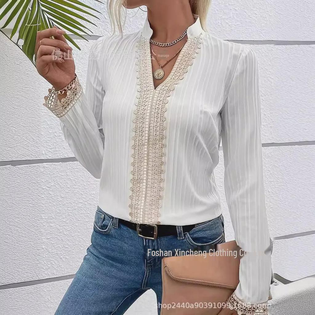 2024 Elegant Solid V-Neck Lace Long-Sleeve White Top