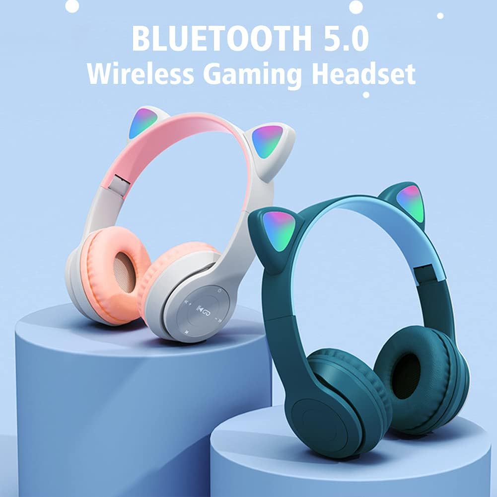 Wireless Ear Headphones, Cat Ear LED Light Up Bluetooth 5.0 Foldable Wireless Gaming Headset, Comfortable Ear Headphone