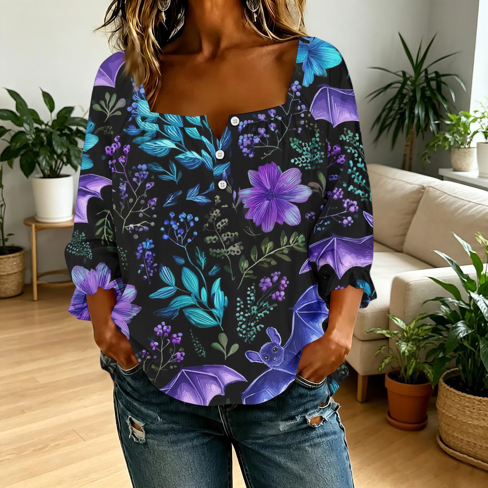Women s 3D Printed Halloween Square Neck Button Up T-Shirt Top for Fall Festive Outfits XXXL