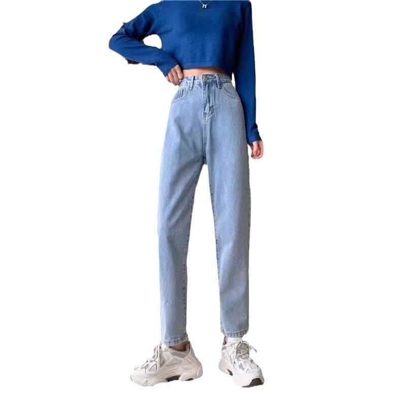 Jeans women's autumn and winter new large size high waist thin high straight trousers