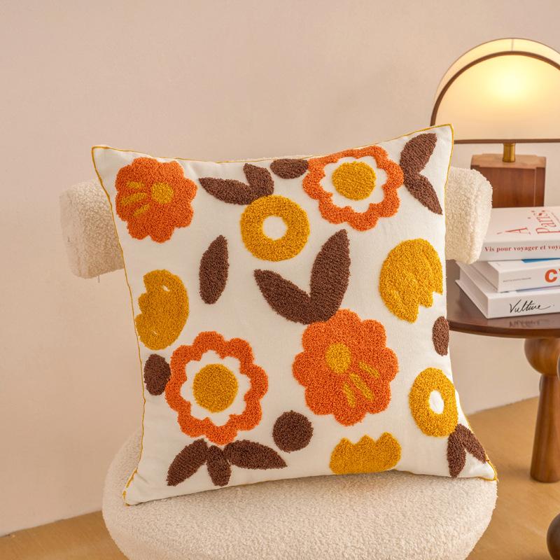 1pc Contemporary Floral Embroidery Throw Pillow Cover with Yellow Flowers & Green Leaves Zippered, Machine Washable for Living Room Decor