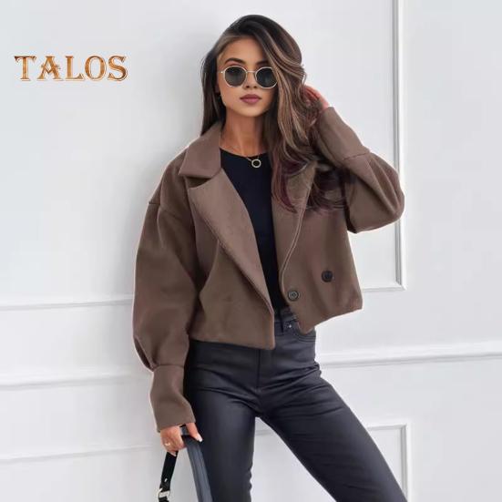 Women Fall Winter Coat Short Type Turn-down Collar Solid Color Loose Button Closure Cardigan OL Commuting Jacket Lady Daily Outwear