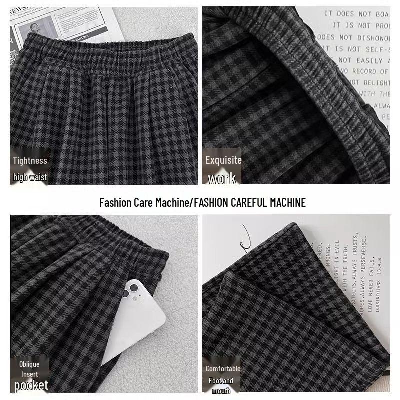 Women's High-Waisted Black and Gray Retro Plaid Wide-Leg Pants - Autumn/Winter 2024 Korean Style Slimming Casual Wear