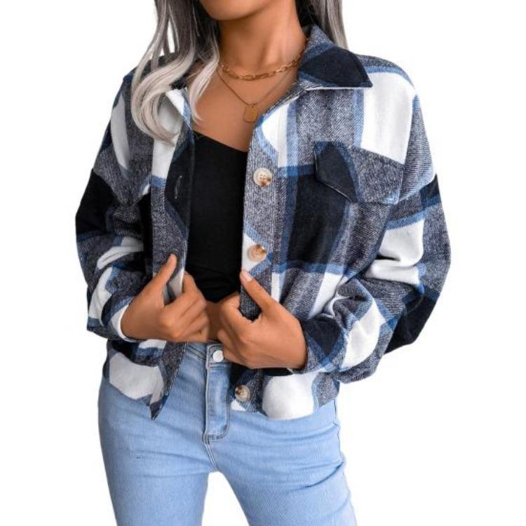 Women Loose Jacket Contrast Color Plaid Print Turn Down Collar Single Breasted Fake Pocket Long Sleeves Fall Spring Commuting