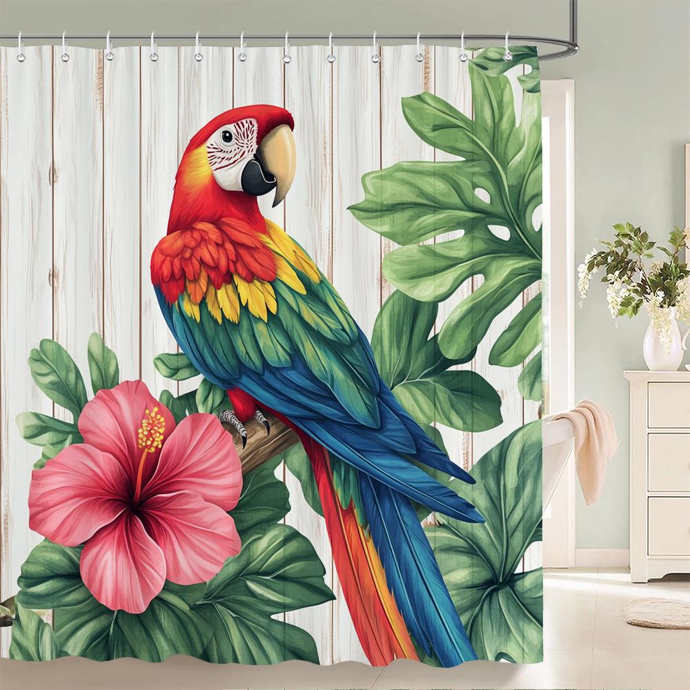 Tropical Plants, Flowers and Birds Shower Curtain for Bathroom Plant and Floral Decorative Shower Curtains with Hooks