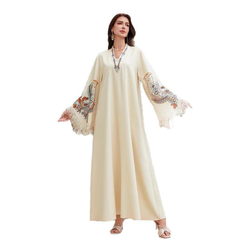 NC44 Robe Muçulmana de Decote V do Oriente Médio com Borla e Estampa Abaya