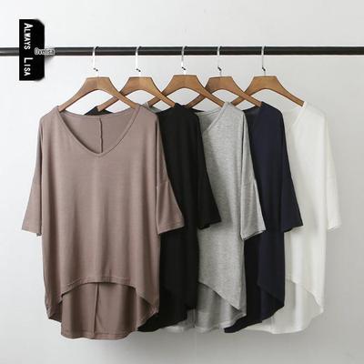 Koreański Letni T-shirt Modalowy z Dekoltem V i Luźnym Rękawem Nietoperzowym
