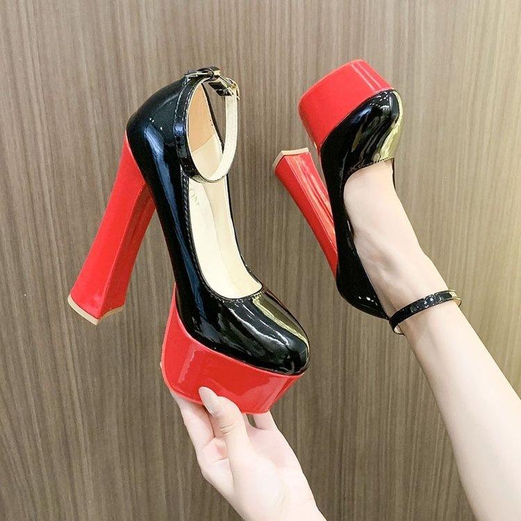 Luxe Lakleren Platform Mary Jane Hakken 14cm Dik Blokhak Enkelbandje Pumps Ronde Neus Feest Bruiloft Schoenen Voor Vrouwen 41