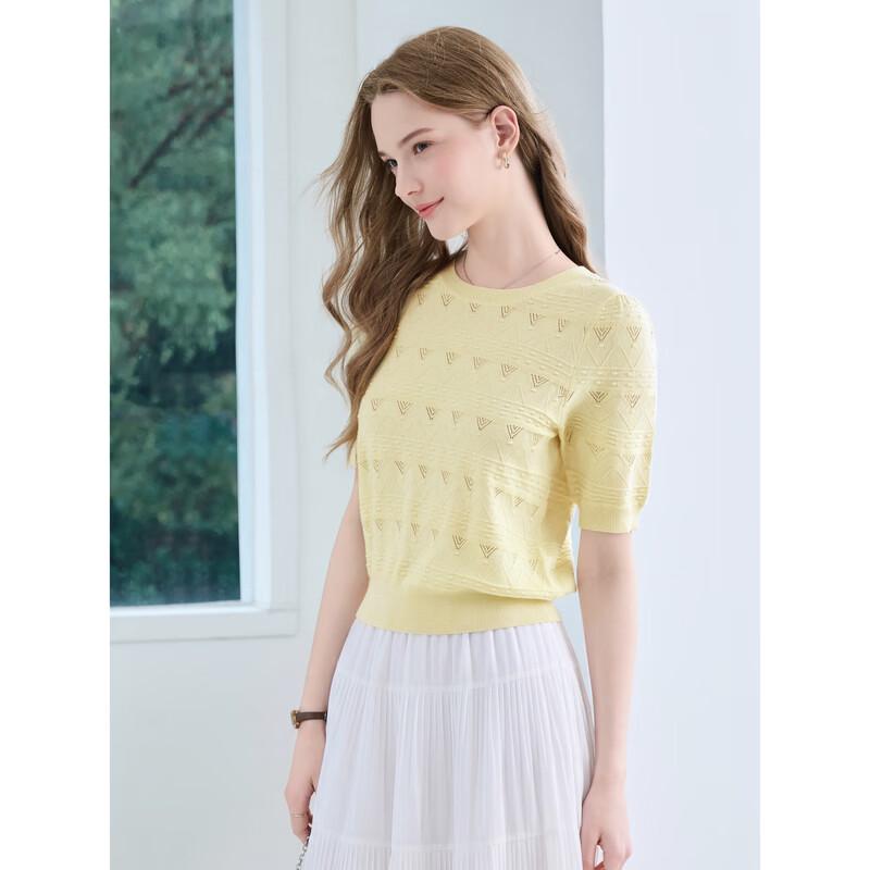 Baitu Women's French Hollow Jacquard Knit Short Sleeve Top