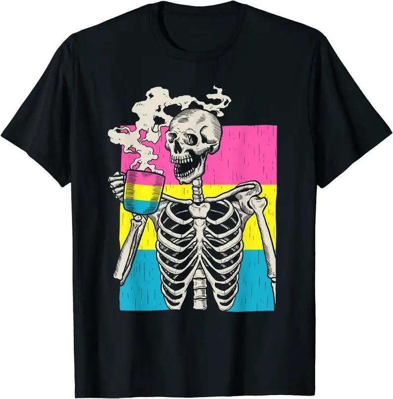 Skeleton Drinking Coffee LGBT-Q Pansexual Pride Pan Flag Graphic Tshirts Novelty Trend Cartoon Classic Ropa Hombre