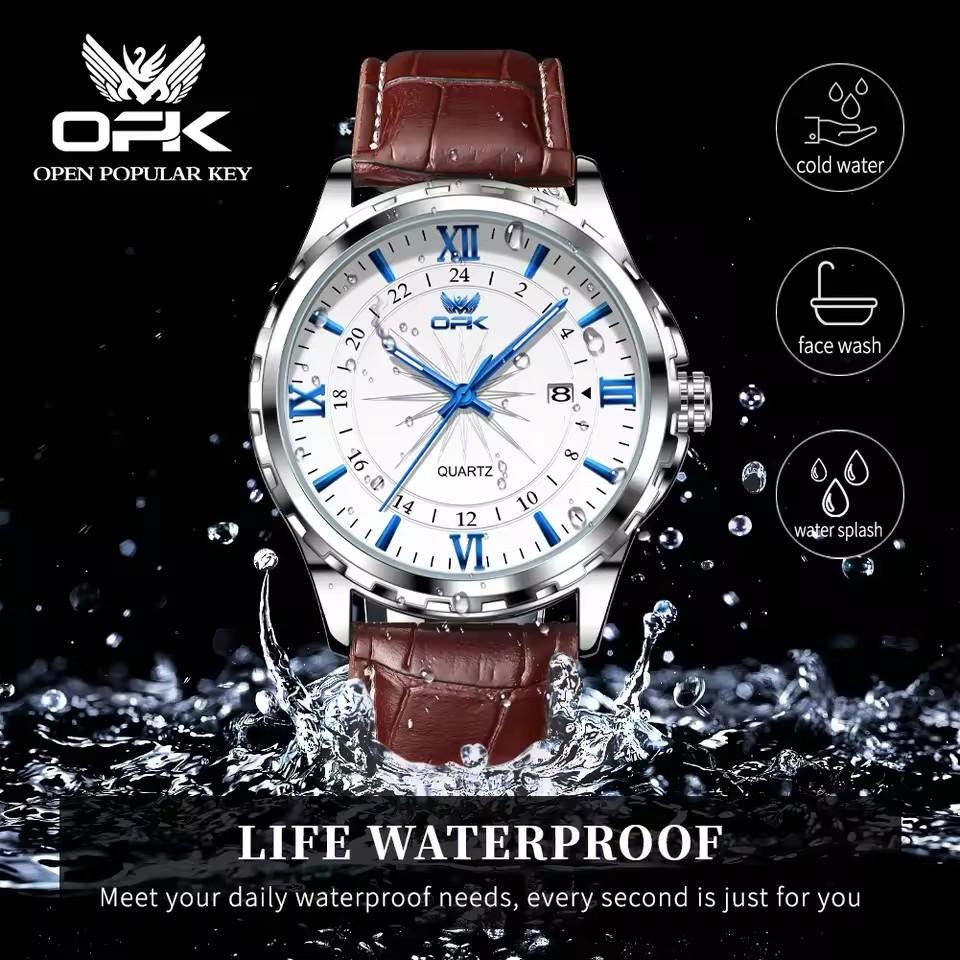 OPK 6003 Men's Brown Quartz Watch New Fashion Waterproof Luminous Calendar Luxury Simple Oval Sport Leather Band Dial 40mm 18mm