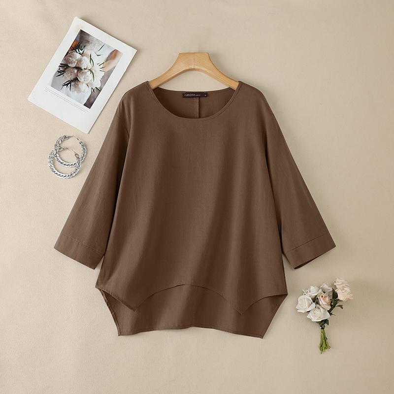 ZANZEA Women Casual Round Neck 3/4 Sleeve Loose Irregular Blouse