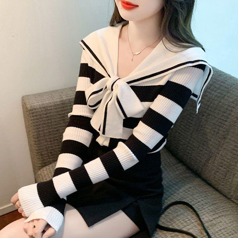 Navy Striped Collar Sweater Women’s Autumn/Winter 2025 College Style Slim Fit Knitwear