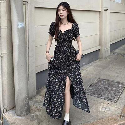 French Square Collar Floral Dress Women's Summer 2026 New Spice Girl Waist Medium and Long Split A-shaped Skirt