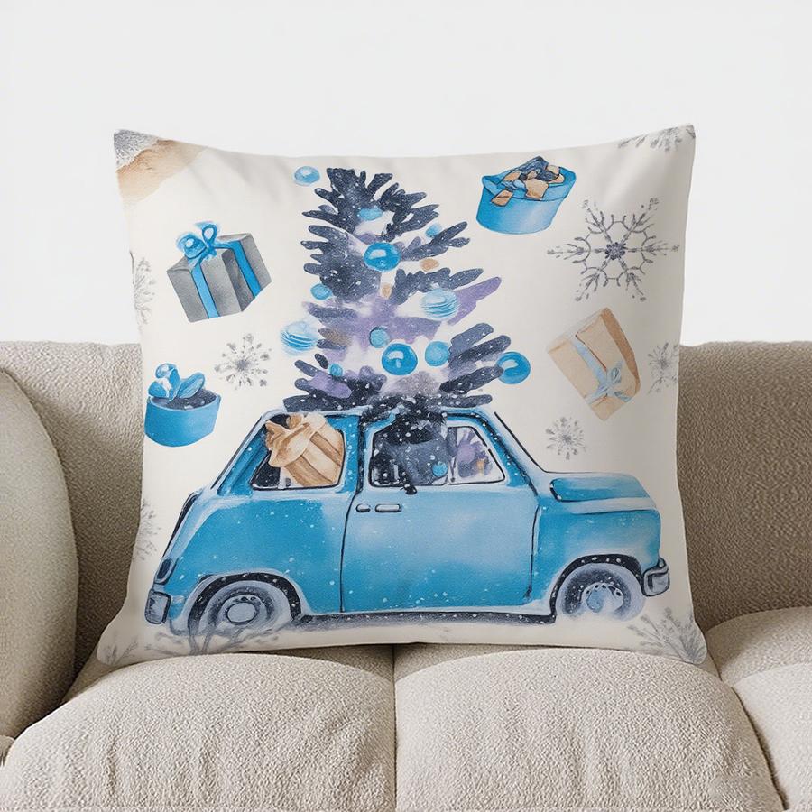 Home Decor Blue Car With Tree & Gifts Christmas Pillow Pattern Cushion Cover Suitable For Sofa Bedroom Car Pillow Cover